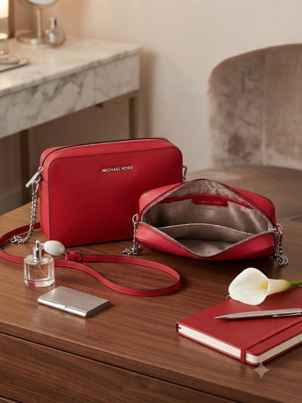 Michael Kors Red Saffiano Leather Crossbody Wallet Bag.